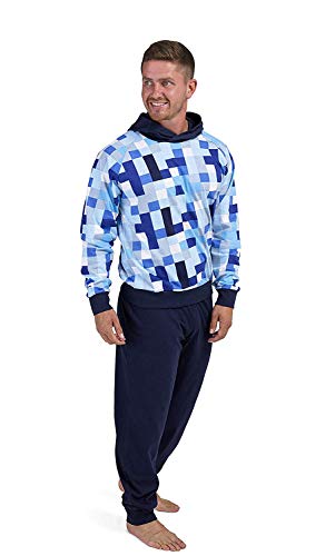 Pijama Hombre Invierno Sudadera Gimnasio 100% Algodón Mangas Largas Set Suave Cómodo Ropa de Dormir (Azul Pixel, L)