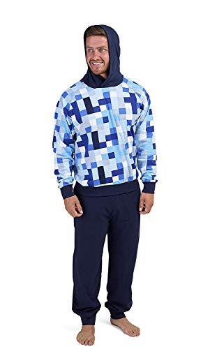 Pijama Hombre Invierno Sudadera Gimnasio 100% Algodón Mangas Largas Set Suave Cómodo Ropa de Dormir (Azul Pixel, L)