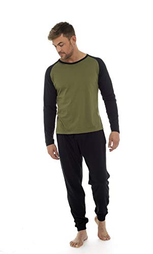 Pijama Hombre Invierno Sudadera Gimnasio 100% Algodón Mangas Largas Set Suave Cómodo Ropa de Dormir (Khaki Negro, XL)
