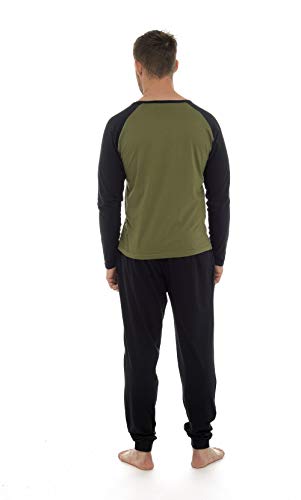 Pijama Hombre Invierno Sudadera Gimnasio 100% Algodón Mangas Largas Set Suave Cómodo Ropa de Dormir (Khaki Negro, XL)