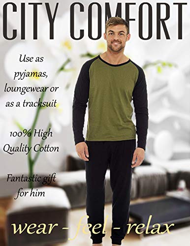 Pijama Hombre Invierno Sudadera Gimnasio 100% Algodón Mangas Largas Set Suave Cómodo Ropa de Dormir (Khaki Negro, XL)