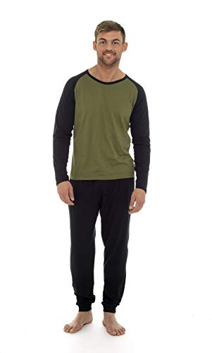 Pijama Hombre Invierno Sudadera Gimnasio 100% Algodón Mangas Largas Set Suave Cómodo Ropa de Dormir (Khaki Negro, XL)