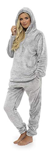 Pijama Mujer Invierno Suave Cómodo con Plumas Prosecco Estrellas Vario Estilos Pijamas Invernal Regalo para Ella (Capucha Dos Tonos Gris, M)