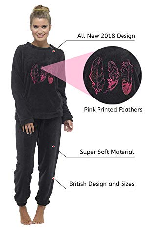 Pijama Mujer Invierno Suave Cómodo con Plumas Prosecco Estrellas Vario Estilos Pijamas Invernal Regalo para Ella (Pluma Negra y Rosa, L)