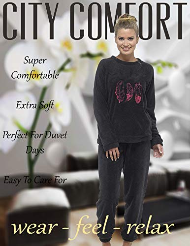 Pijama Mujer Invierno Suave Cómodo con Plumas Prosecco Estrellas Vario Estilos Pijamas Invernal Regalo para Ella (Pluma Negra y Rosa, L)