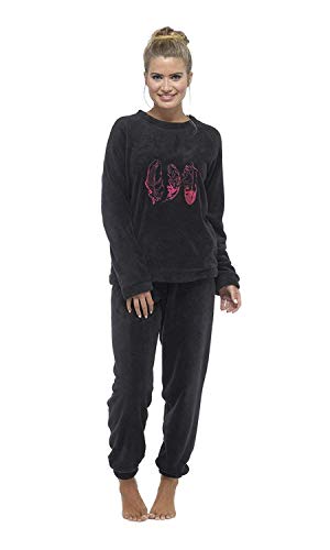 Pijama Mujer Invierno Suave Cómodo con Plumas Prosecco Estrellas Vario Estilos Pijamas Invernal Regalo para Ella (Pluma Negra y Rosa, L)