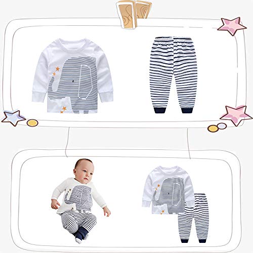 Pijama para Bebé Niño Manga Larga Algodón Parte Superior del patrón de Elefante+Pijama de Rayas horizontales Pijamas Enteros（Elefante，18-24 Meses）