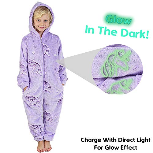 Pijama Unicornio Niña Onesie Pijamas Niñas Entero Brilla en la Oscuridad Glow in The Dark 3-14 ANS (5-6 años, Morado)