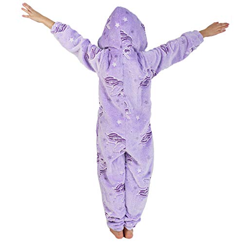 Pijama Unicornio Niña Onesie Pijamas Niñas Entero Brilla en la Oscuridad Glow in The Dark 3-14 ANS (5-6 años, Morado)