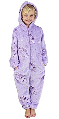 Pijama Unicornio Niña Onesie Pijamas Niñas Entero Brilla en la Oscuridad Glow in The Dark 3-14 ANS (5-6 años, Morado)