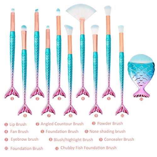 Pinceles de Maquillaje de Sirena Profesional Brochas de Maquillaje Forma de Cola de Sirena Cepillo de Maquillaje para Sombra de Ojos, Corrector, Delineador de Ojos, Juego de 11 Piezas