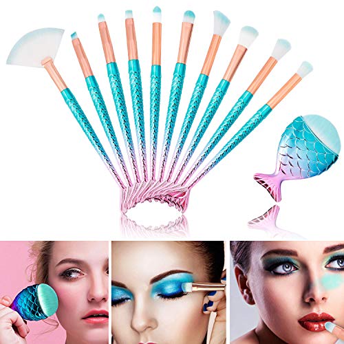 Pinceles de Maquillaje de Sirena Profesional Brochas de Maquillaje Forma de Cola de Sirena Cepillo de Maquillaje para Sombra de Ojos, Corrector, Delineador de Ojos, Juego de 11 Piezas