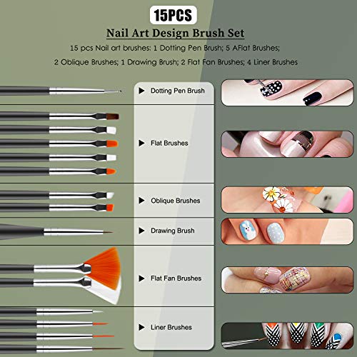 Pinceles para Uñas Acrilicas Profesional Nail Art Cepillo Manicura de Pinceles para Diseño de Uñas 15 pz Negro Pinceles 5 pz Pluma Taladro
