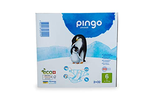Pingo - Pañales Talla 6 XL - 2 paquetes de 32 unidades-15-30 kg- Pañales para bebé - Anti-alergénicos sin perfume - Máxima Absorción - Pañales Ecológicos - Pañales talla 6 XL desechables - Color Blanc