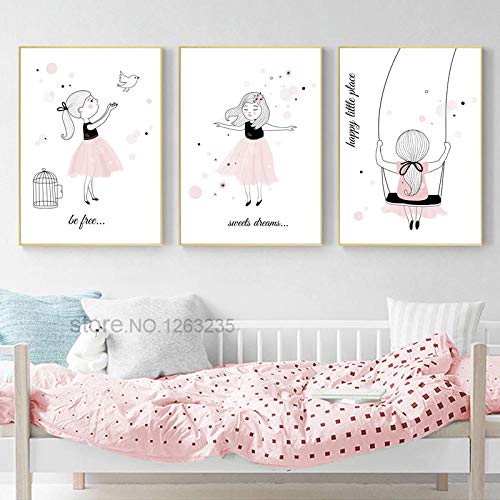 Pink Baby Girl Room Decor Nordic Poster Imágenes de Dibujos Animados para niños Habitación Carteles e Impresiones Wall Art Canvas Painting 40x60cmX3 Sin Marco