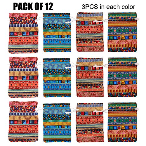 Pinowu Estilo étnico Bolsa de Regalo con cordón (12 Piezas), Algodón Reutilizable Bolsas Joyería Bolsas de Monedas para Candy Fiesta de Bodas Favores de San Valentín(13x18cm)