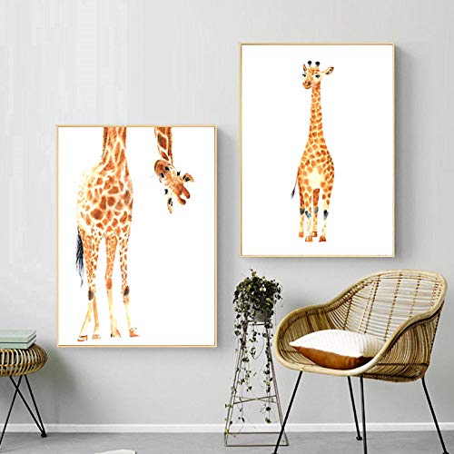 Pintura a la acuarela Jirafa Arte de la pared Pintura de la lona Carteles e impresiones de dibujos animados Animales Imágenes de la pared para la sala de estar Decoración del hogar 40x60cmX2 Sin marco