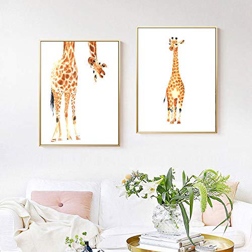 Pintura a la acuarela Jirafa Arte de la pared Pintura de la lona Carteles e impresiones de dibujos animados Animales Imágenes de la pared para la sala de estar Decoración del hogar 40x60cmX2 Sin marco