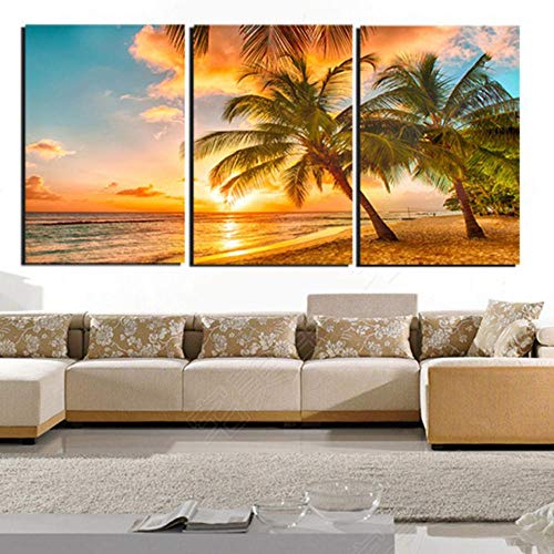 Pintura de Lienzo Sala de Estar Decoración Sunset Beach Wave Coconut Trees Paisaje Marino Cartel Arte de la Pared HD Impresiones Imágenes Marco 40x60cmX3 Sin Marco