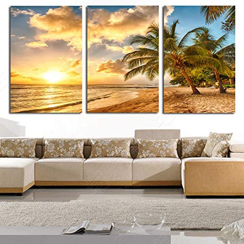 Pintura de Lienzo Sala de Estar Decoración Sunset Beach Wave Coconut Trees Paisaje Marino Cartel Arte de la Pared HD Impresiones Imágenes Marco 40x60cmX3 Sin Marco