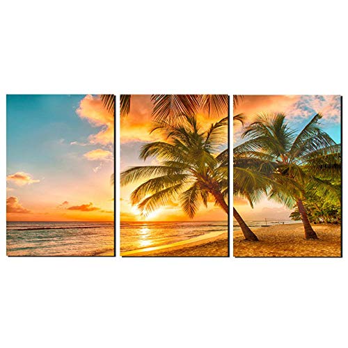 Pintura de Lienzo Sala de Estar Decoración Sunset Beach Wave Coconut Trees Paisaje Marino Cartel Arte de la Pared HD Impresiones Imágenes Marco 40x60cmX3 Sin Marco
