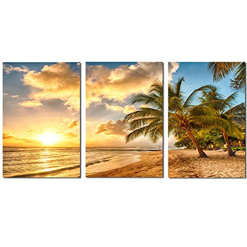 Pintura de Lienzo Sala de Estar Decoración Sunset Beach Wave Coconut Trees Paisaje Marino Cartel Arte de la Pared HD Impresiones Imágenes Marco 40x60cmX3 Sin Marco