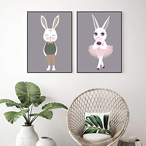 Pintura sobre Lienzo Arte nórdico de Pared Princesa Conejo Impresiones Carteles Kawaii Bunny Imágenes de Pared para niñas Dormitorio Decoración para el hogar 40x60cmX2 Sin Marco