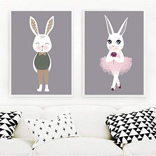 Pintura sobre Lienzo Arte nórdico de Pared Princesa Conejo Impresiones Carteles Kawaii Bunny Imágenes de Pared para niñas Dormitorio Decoración para el hogar 40x60cmX2 Sin Marco