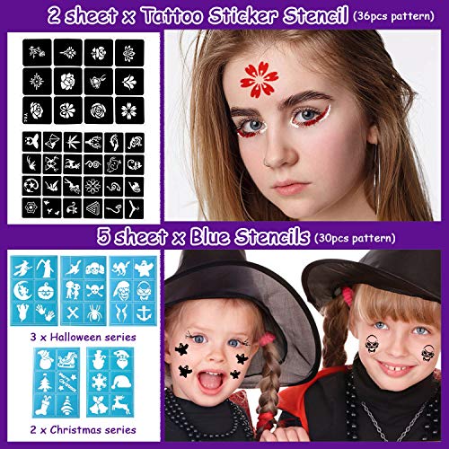 Pinturas Cara para Niños, 14 Colores, Profesional, Seguro, No Tóxico, Lavable, Pintura Facial Corporal con 30 Plantillas, 36 Tatuajes, 2 Brillos para Niños, Halloween Maquillaje Pinturas para Niños