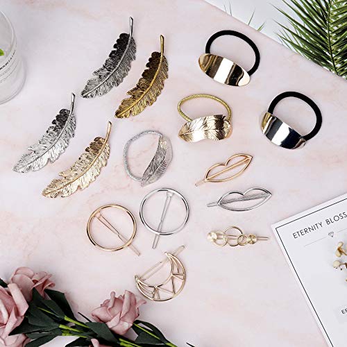 Pinza de Pelo de Metal Geométrico Círculo de Plumas Luna Estrella Accesorios de Pelo Hoja Lazos Elásticos Para Niñas Mujer 14Pcs