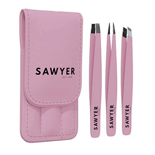 Pinzas de Depilar – Juego de Pinzas Depilar de Punta Oblicua de Acero Inoxidable 3 Unidades + Estuche de Cuero para Cejas y Extensiones de Pestañas – Pinza Depiladora Cejas Mujer por Sawyer Self-Care