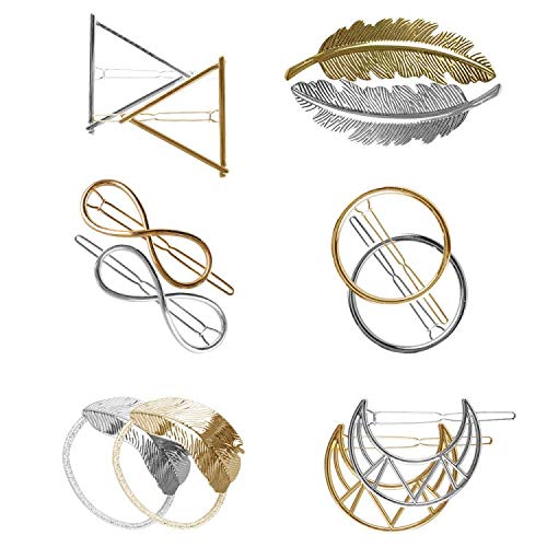 Pinzas para el Pelo de Metal, 12 piezas Horquillas para el Pelo Pinzas para el cabello de metal Vintage, Hoja, Pluma, Círculo, Triángulo, Infinito y Luna Pinza para el cabello para Mujeres y Chicas