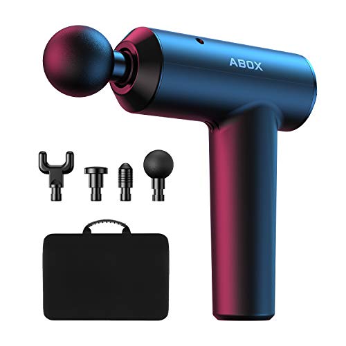 Pistola de Masaje Muscular ABOX, Masajeador de Músculo Ultra Silencioso Inalámbrico con 3 Niveles Ajustables, 4 Cabezales de Masaje para Recuperación y Relajación de Fatiga
