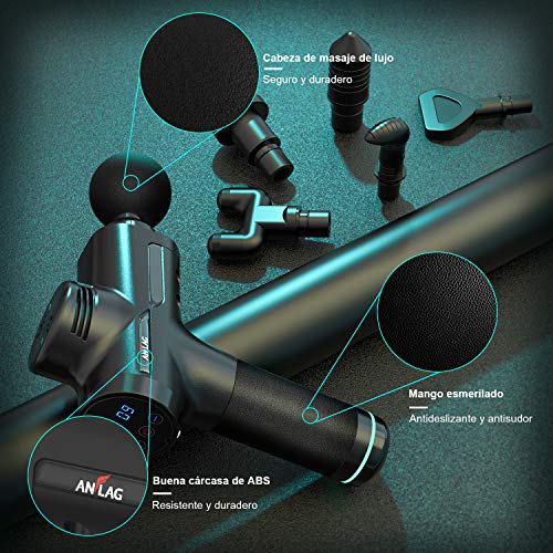 Pistola de Masaje muscular, ANFLAG Massage Gun Masajeador de Músculos de Tejido Profundo con 30 Niveles Ajustables, 9 Cabezas de Masaje y Pantalla LCD, Ultra Silencioso por Relajación y Recuperación