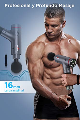 Pistola de Masaje Muscular, ANFLAG Premium Masajeador de Músculo Profundo, Massage Gun portátil con 5 Cabezas de Masaje/5 Modos de Masaje/LCD Pantalla/Silencioso para Relajación Recuperación