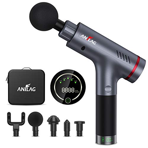 Pistola de Masaje Muscular, ANFLAG Premium Masajeador de Músculo Profundo, Massage Gun portátil con 5 Cabezas de Masaje/5 Modos de Masaje/LCD Pantalla/Silencioso para Relajación Recuperación