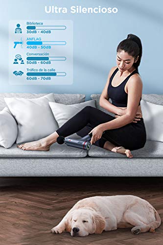 Pistola de Masaje Muscular, ANFLAG Premium Masajeador de Músculo Profundo, Massage Gun portátil con 5 Cabezas de Masaje/5 Modos de Masaje/LCD Pantalla/Silencioso para Relajación Recuperación