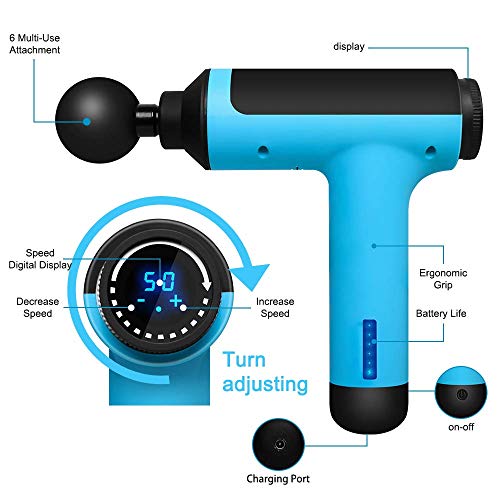 Pistola de Masaje Muscular, Masajeador de Percusión Profundo 50 Nivele Ajustables 6 Cabezales de Masaje para Relajar los Músculos Tensos