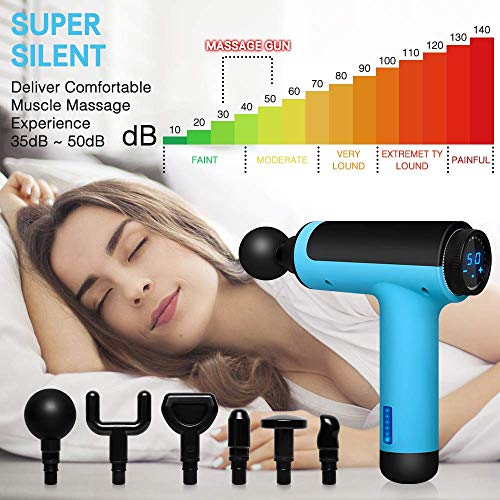 Pistola de Masaje Muscular, Masajeador de Percusión Profundo 50 Nivele Ajustables 6 Cabezales de Masaje para Relajar los Músculos Tensos