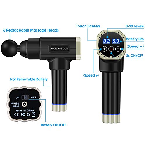 Pistola de Masaje Muscular,Hangrui Pistola de Masaje con 20 Niveles Ajustables,Pistola Masajeadora Muscular Personal de Mano,6 Cabezas de Masaje y Pantalla LCD HD (Euro Plug)