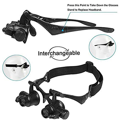 Pixier Gafas Lupa Visera Con Luz 2 Led,manos Libres Lupa Relojero Leer, Soldar, Extensiones De Pestañas, Reparación De Joyería,4 Lentes Intercambiables 10x, 15x, 20x, 25x A/A