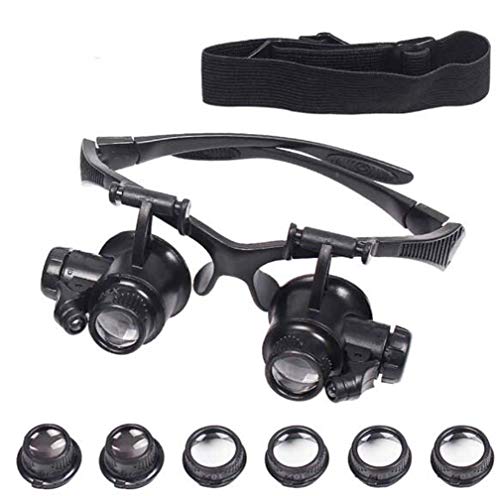 Pixier Gafas Lupa Visera Con Luz 2 Led,manos Libres Lupa Relojero Leer, Soldar, Extensiones De Pestañas, Reparación De Joyería,4 Lentes Intercambiables 10x, 15x, 20x, 25x A/A