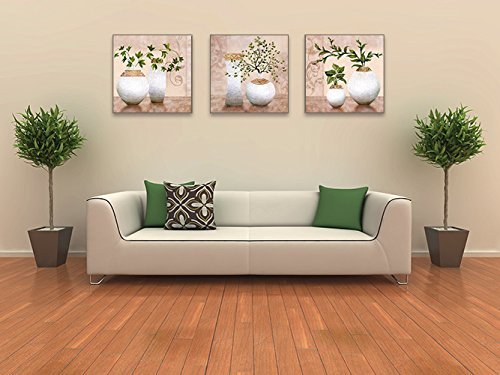 PIY 3X Cuadro Sobre Lienzo Imagen de Plantas Verdes Elegantes en Botellas de jarrón Canvas Wall Art de la Lona Arte de Pared Listo para Colgar Cuadros Sobre el Lienzo con Sala Comedor Cocina 30x30cm