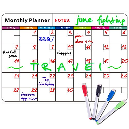 Pizarra blanca magnética de borrado en seco, con calendario mensual, organizador mensual y semanal, planificador para frigorífico de cocina, el aula escolar y sala de reuniones, color Horizontal