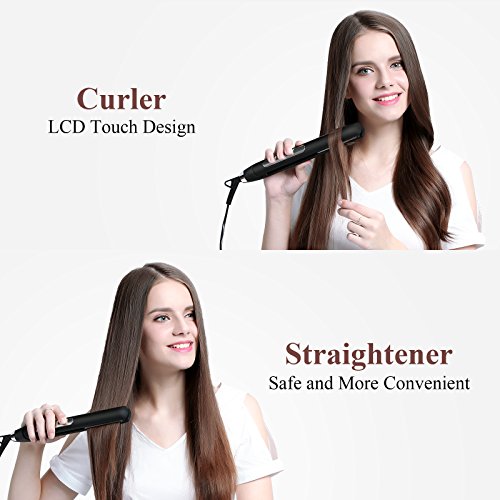 Planchas del Pelo de Viaje Profesional con la Función 2 en 1 Alisador y Rizador con las Placas Cerámica Turmalina Pantalla Táctil, Temperatura Ajustable 80-230℃ Voltaje Mundial, Negro el Despeje