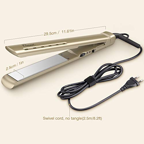 Planchas del Pelo Profesional Ovonni Plancha Pelo Titanio, Placa Flotante de 2,5 cm, Calentador MCH Rápido 18s, Temperatura Ajustable 150°C-230°C, para Alisar, Crear Ondas o Rizos, Doble Voltaje (Oro)