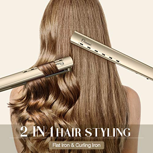 Planchas del Pelo Profesional Ovonni Plancha Pelo Titanio, Placa Flotante de 2,5 cm, Calentador MCH Rápido 18s, Temperatura Ajustable 150°C-230°C, para Alisar, Crear Ondas o Rizos, Doble Voltaje (Oro)