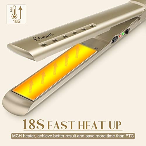 Planchas del Pelo Profesional Ovonni Plancha Pelo Titanio, Placa Flotante de 2,5 cm, Calentador MCH Rápido 18s, Temperatura Ajustable 150°C-230°C, para Alisar, Crear Ondas o Rizos, Doble Voltaje (Oro)