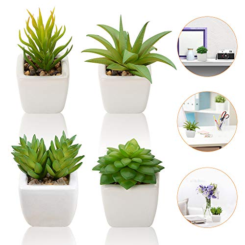 Plantas Suculentas Artificiales 4 Piezas, Plantas Falsas Pequeñas Mini Plantas Suculentas en Macetas, Planta Decorativa de Fuax para el Hogar Casa Mesa Balcón Oficina Interior Decoración Accesorios