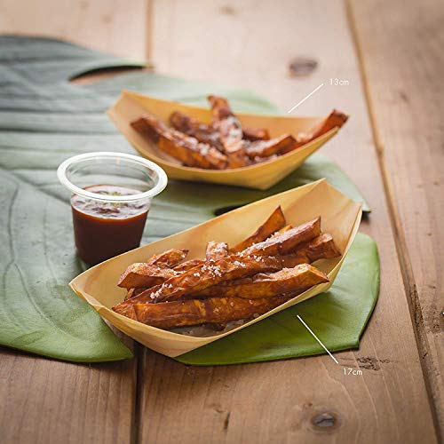 Plantvibes Platos de Madera en Forma de Barco, 100% compostable & CO2-neutral - 100 Botes ecológicos tamaño L - Vajillas Desechables, Bandejitas Desechables para Aperitivos y Tapas